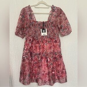 Very J Pink Floral Smocked Puff Sleeve Dress | New With Tags